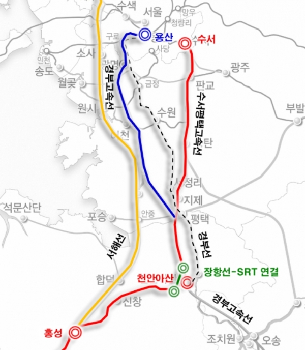 ▲장항선 고속철도(KTX)·수서고속철도(SRT) 노선